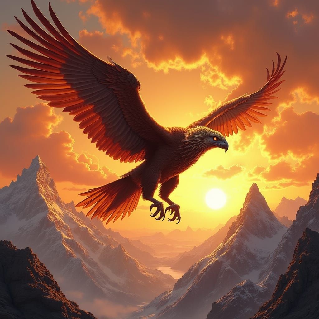 Griffin Soaring Through Sunset Sky