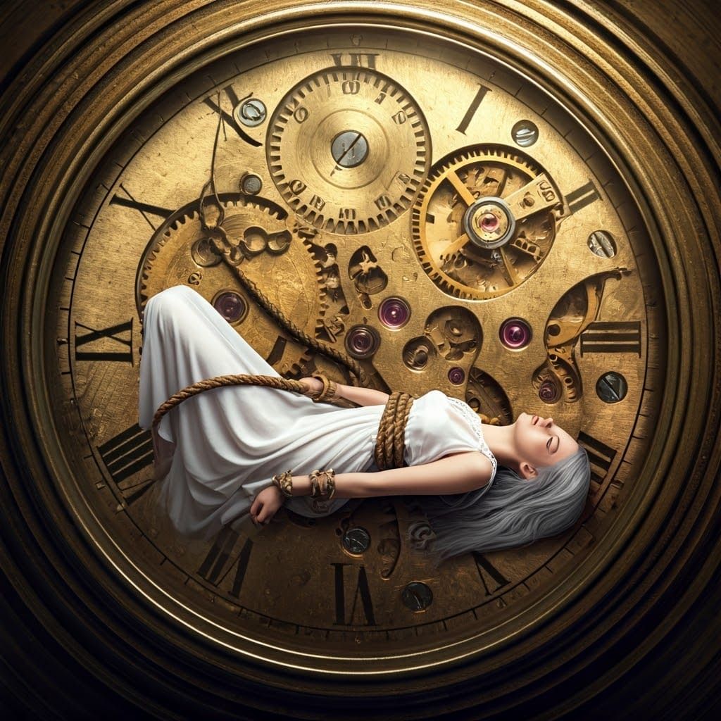 Serene Timekeeper Suspended in Ancient Clockwork