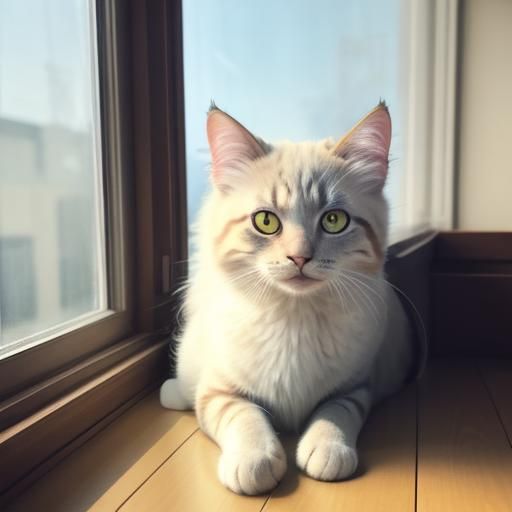 Happy Cat on Windowsill in Watercolor Style