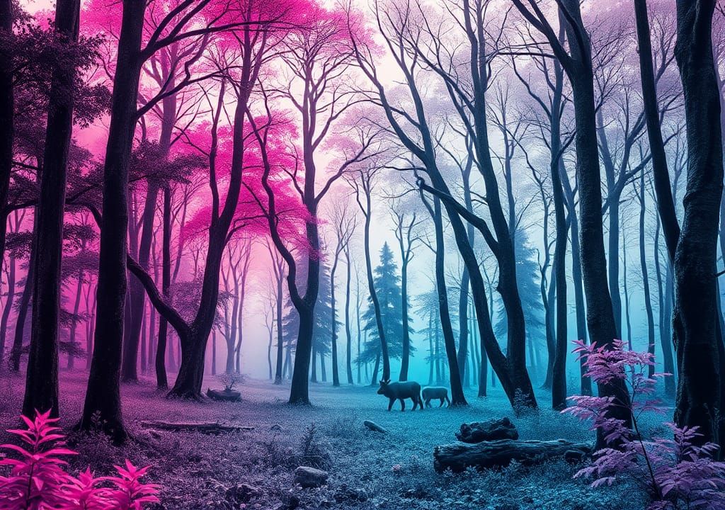 Monochrome Forest Illustration with Watercolor Accents