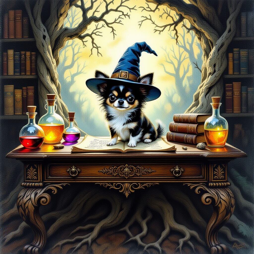 Chihuahua Wizard on Antique Desk with Glowing Potions