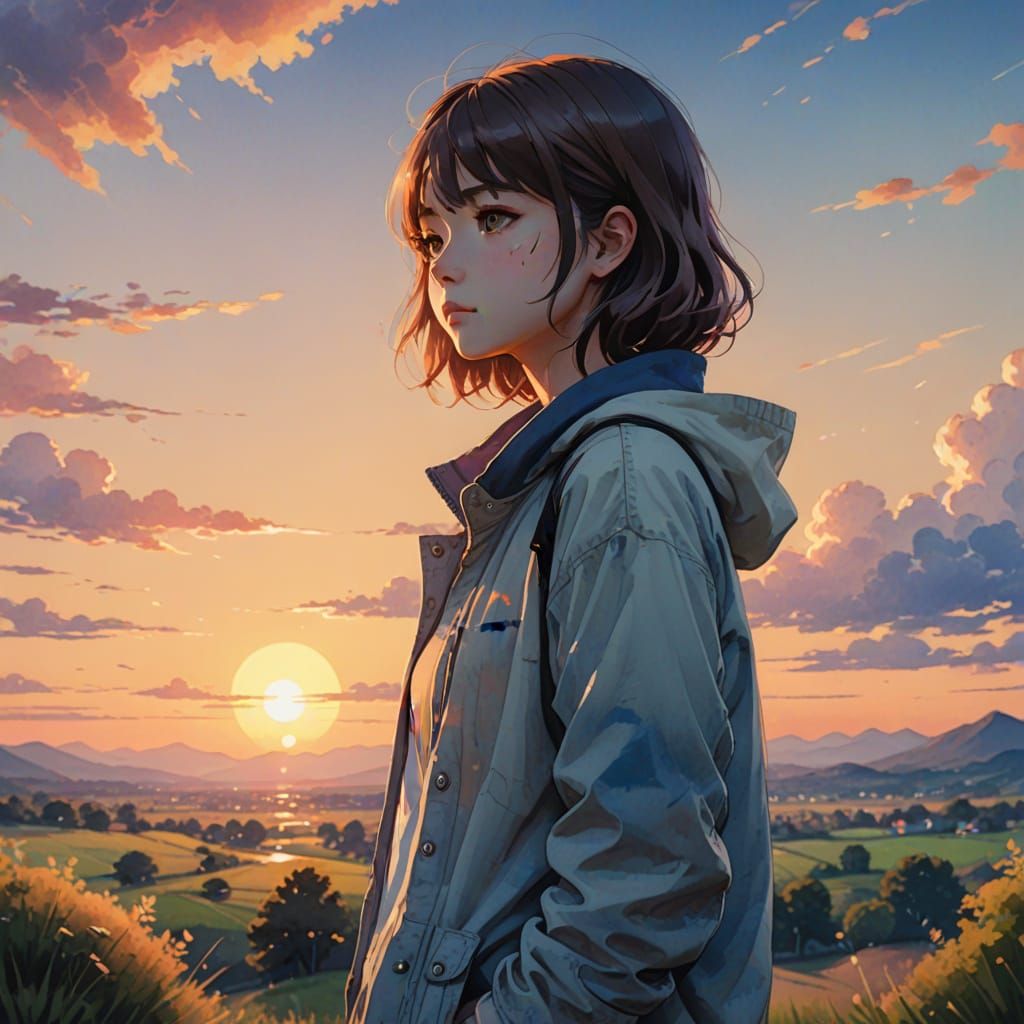 Anime Portrait Under Warm Sunset Glow