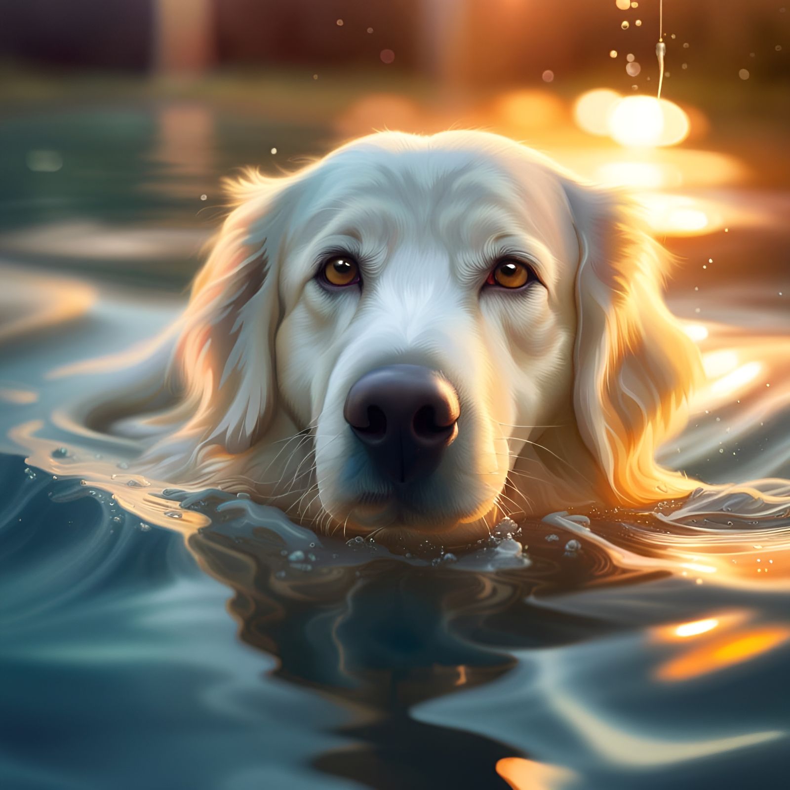Golden Retriever Swimming at Sunset: Hyperrealistic Splash A...