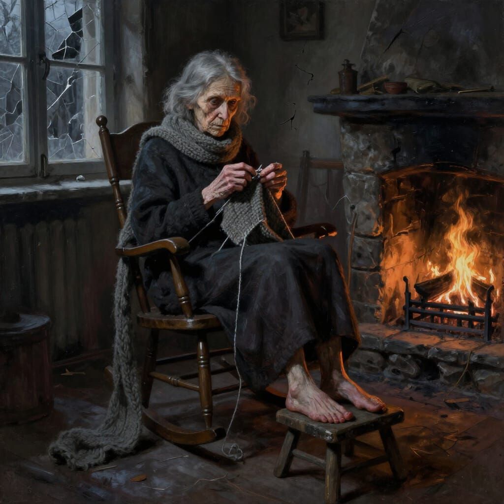 Lifeless Old Woman Knitting by Firelight