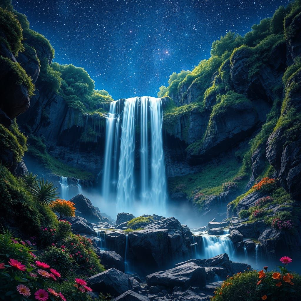 Ethereal Nightfall Waterfall in Vibrant Digital Art