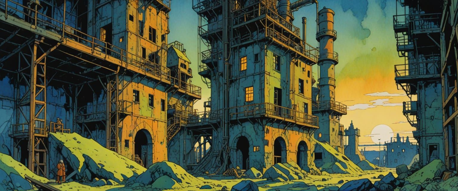 Person in Abandoned Factory, Watercolor Comic Style