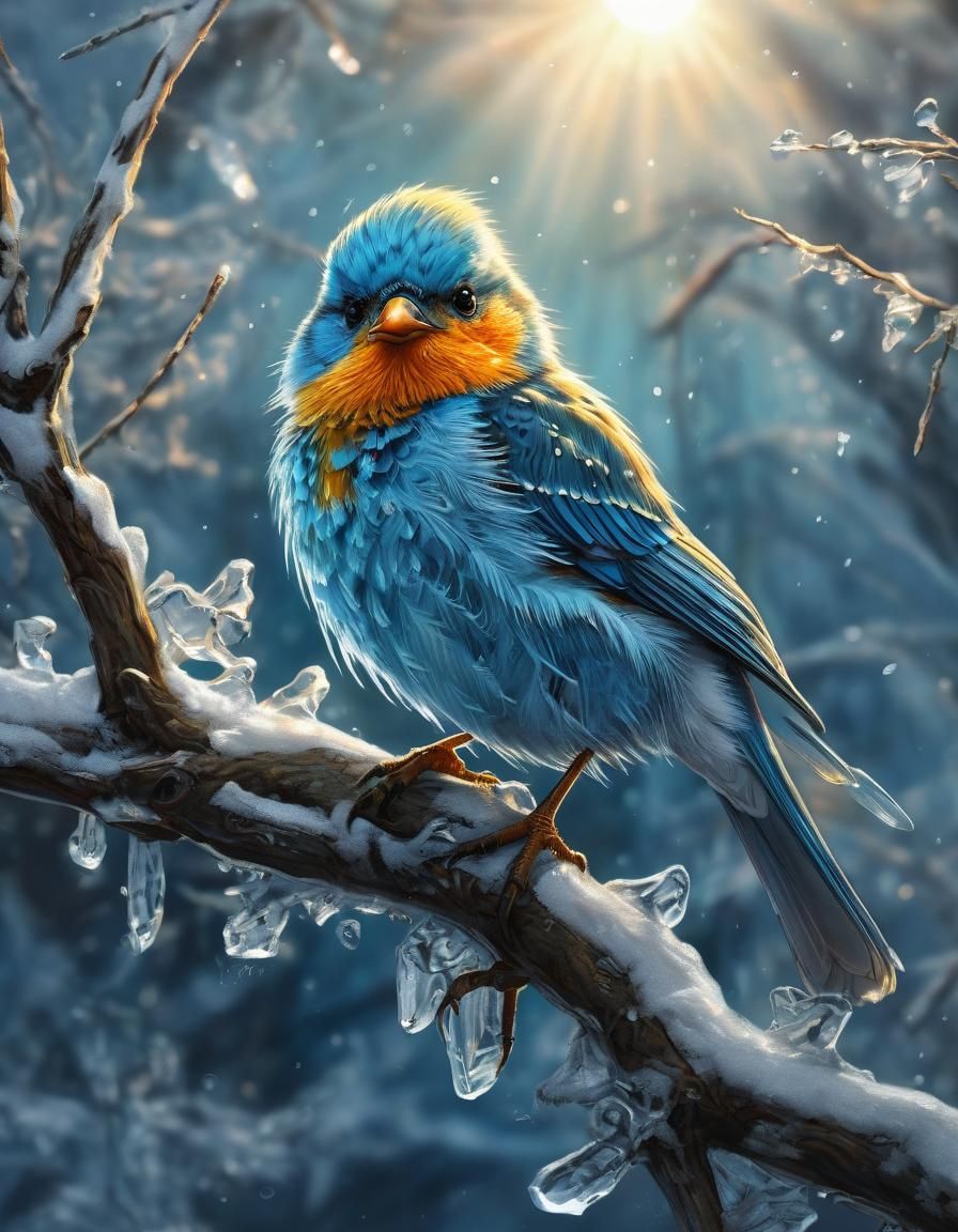 Icy Bird on Branch, Hyperdetailed High-Resolution Art