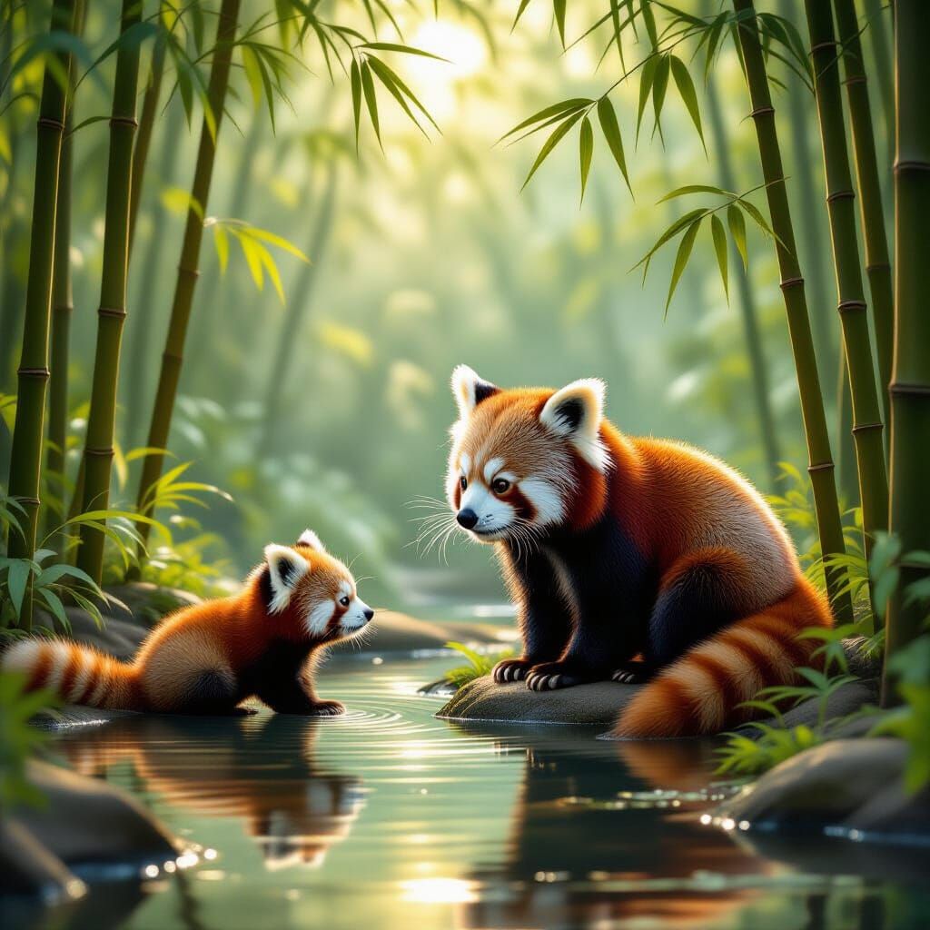 Red Panda Family in Ethereal Bamboo Grove