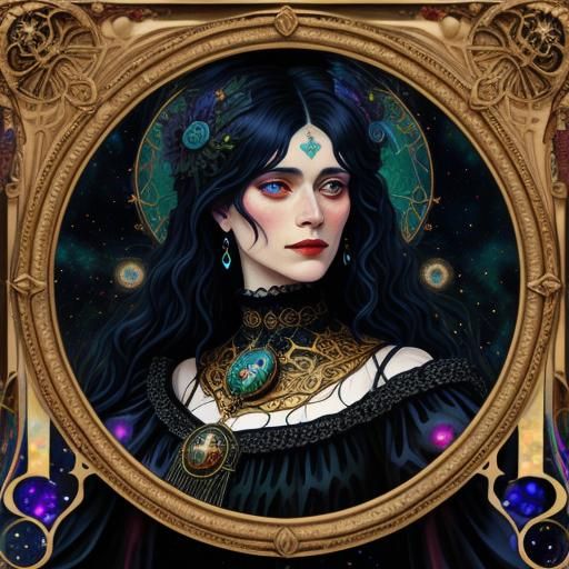 Klimt-Style Victorian Witch in Art Nouveau Frame