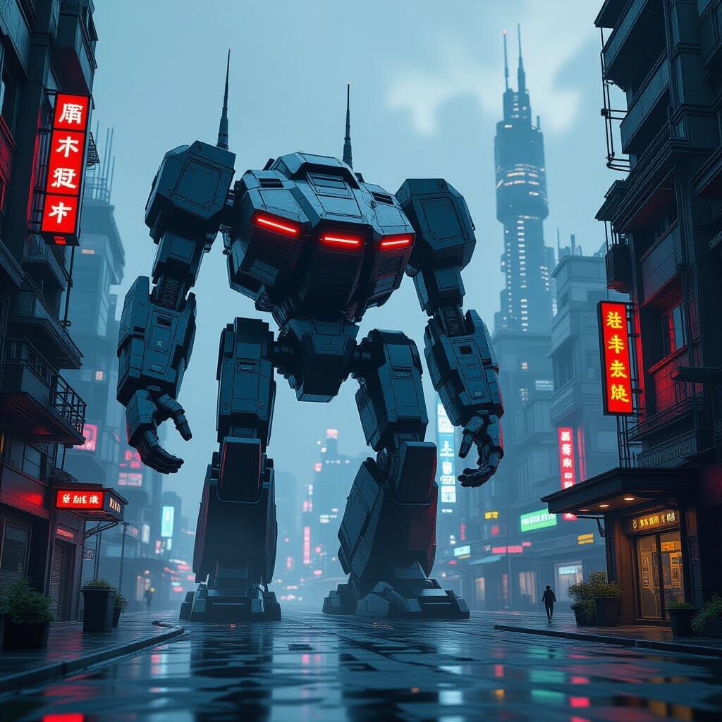 Futuristic Cityscape with Intricate Mechs in Cyberpunk Style