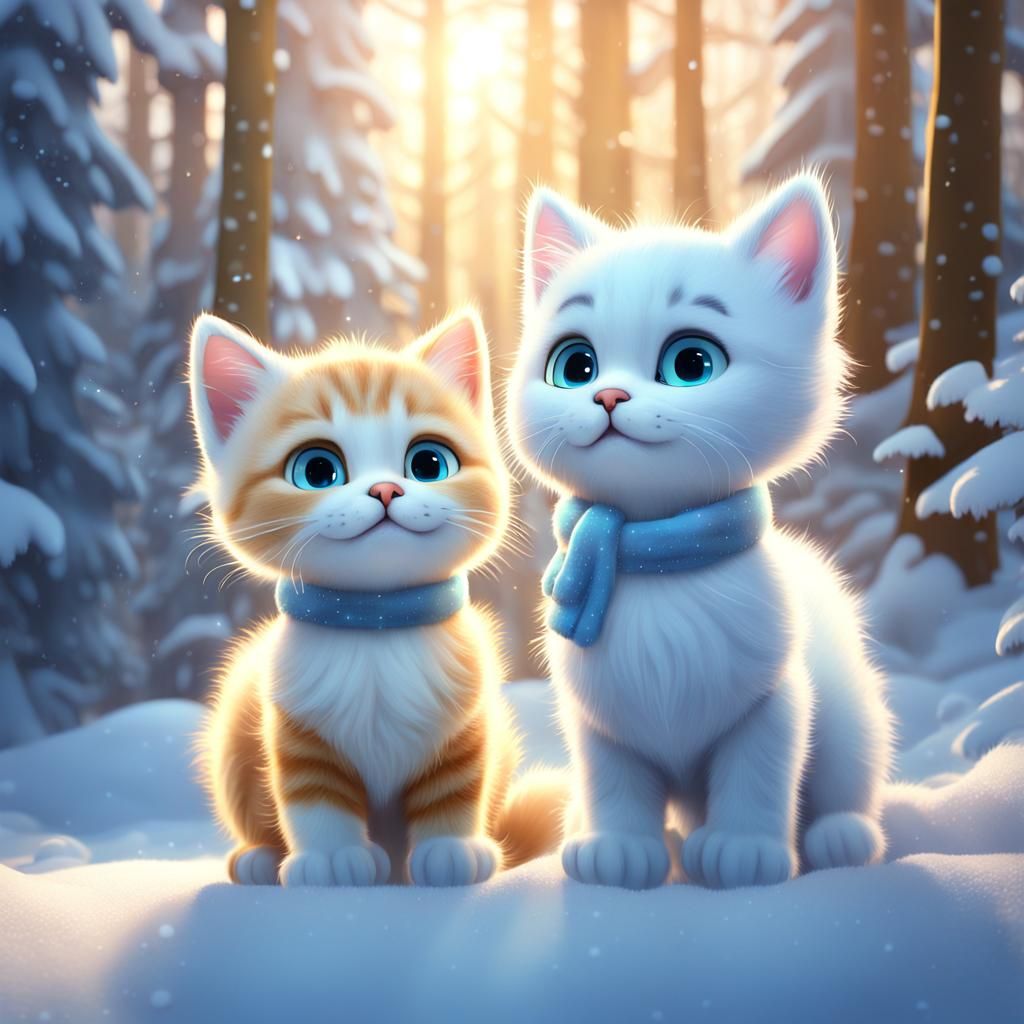 Chibi Kittens Patting a Snowcat in Winter Forest