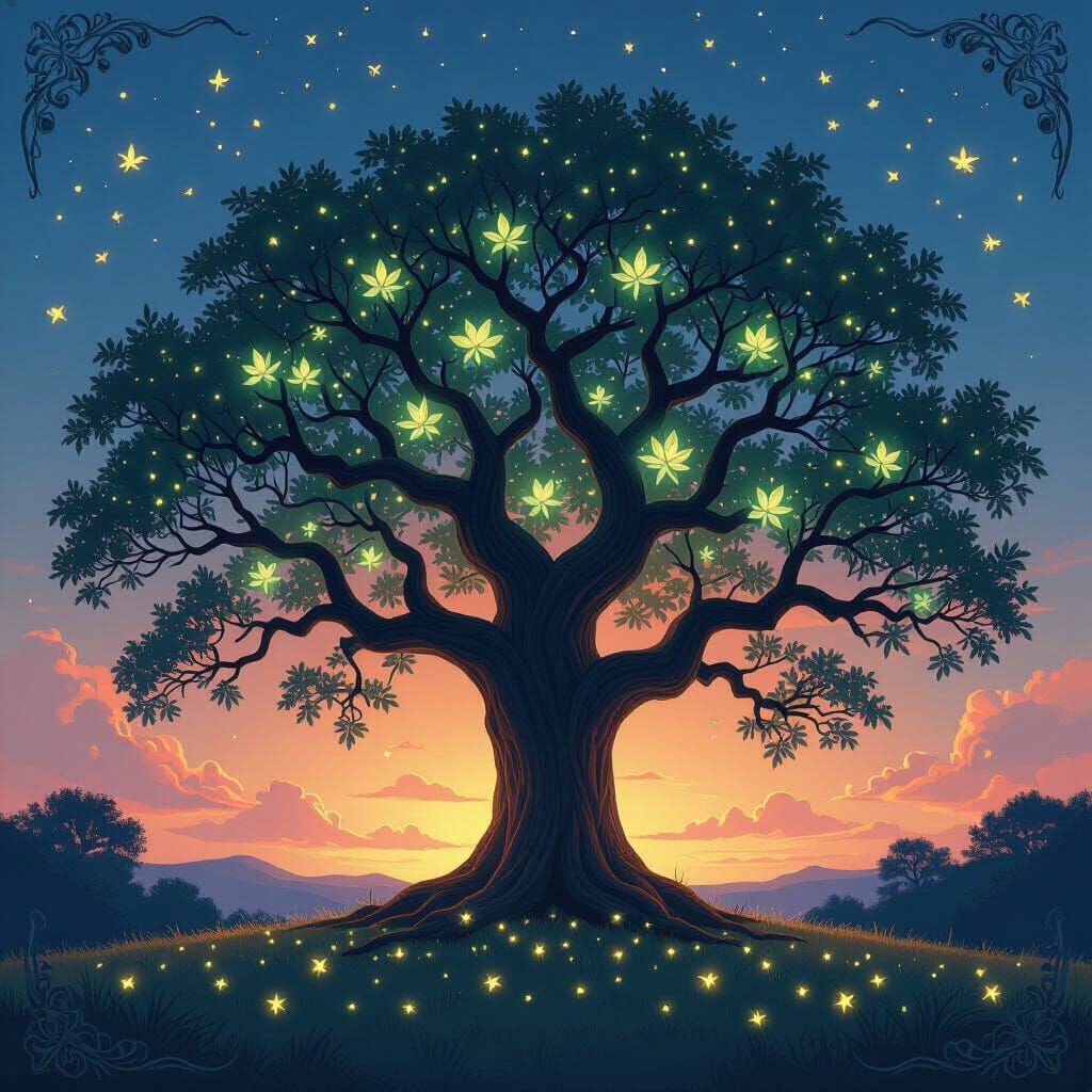 Bioluminescent Oak Tree in Art Nouveau Style