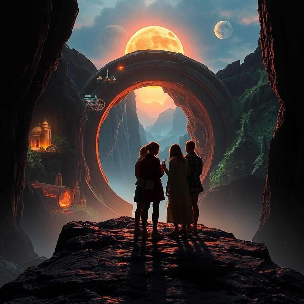 Fleeting Reflections: Travelers at Twilight Portal