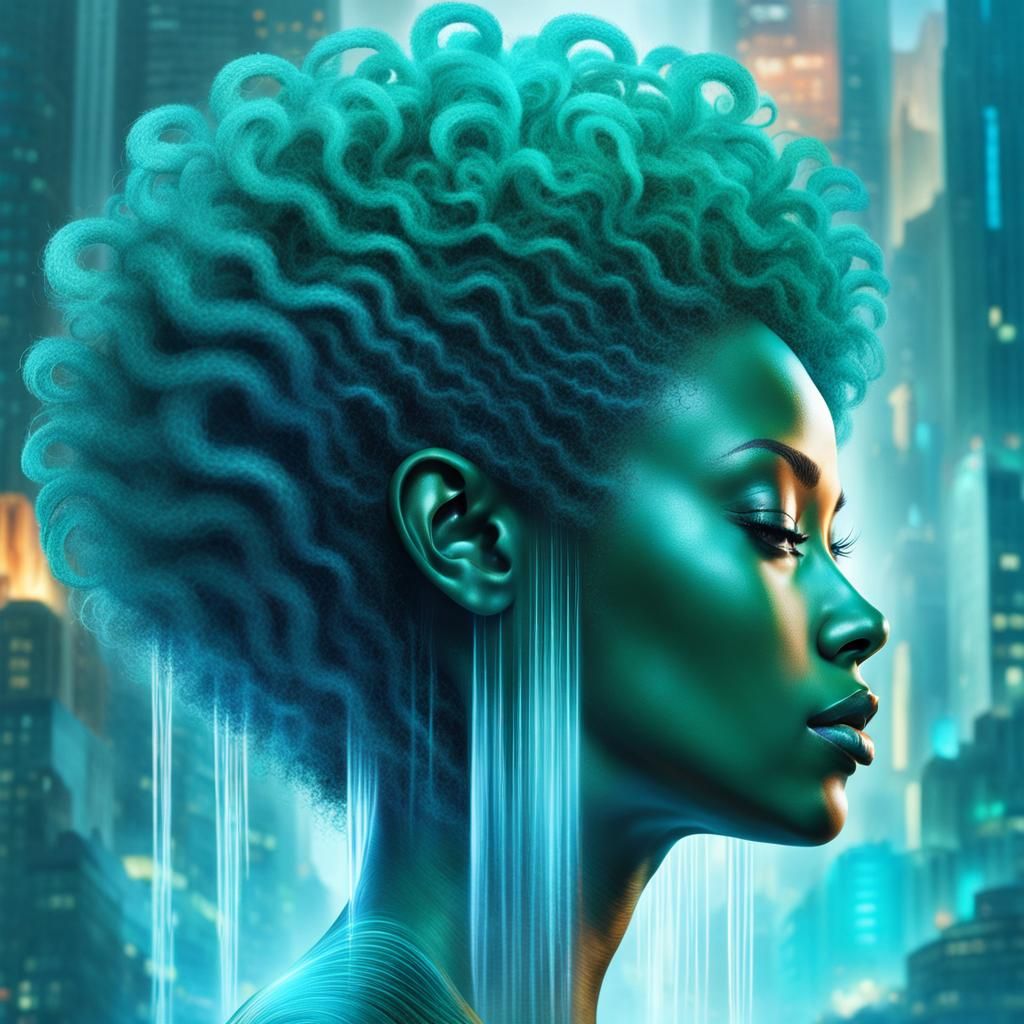 Teal Afro Woman: City of Freedom Portrait