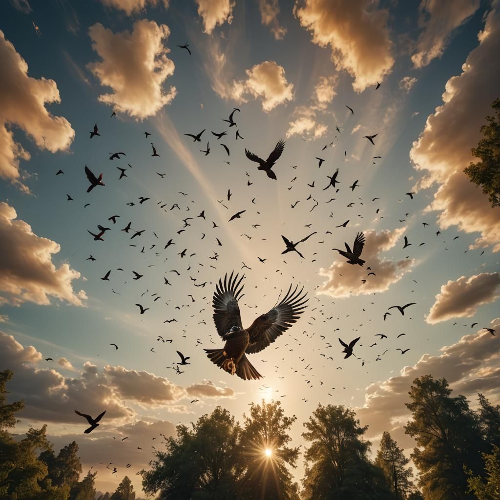 Birds Soaring Above Serene Landscape in Golden Light
