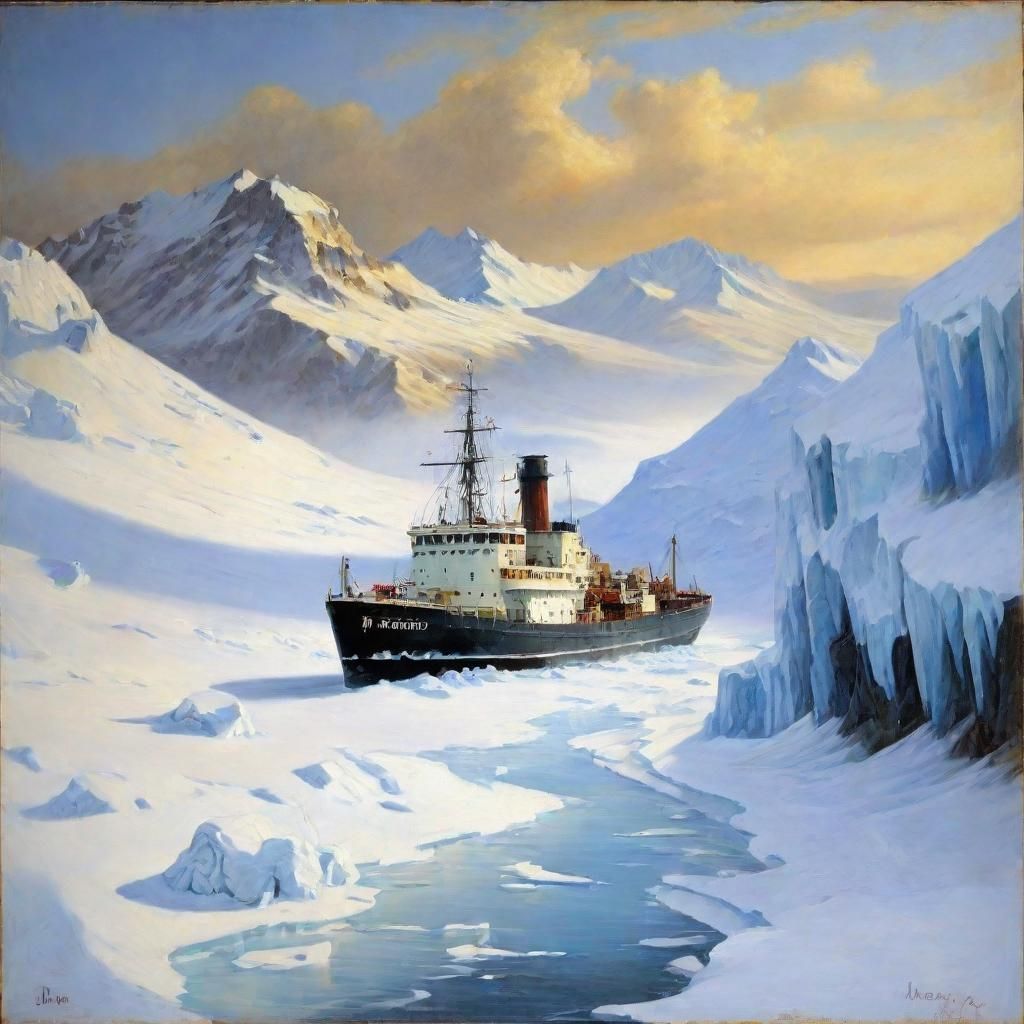 Icebreaker Ship Cutting Through Ice: Oil Painting