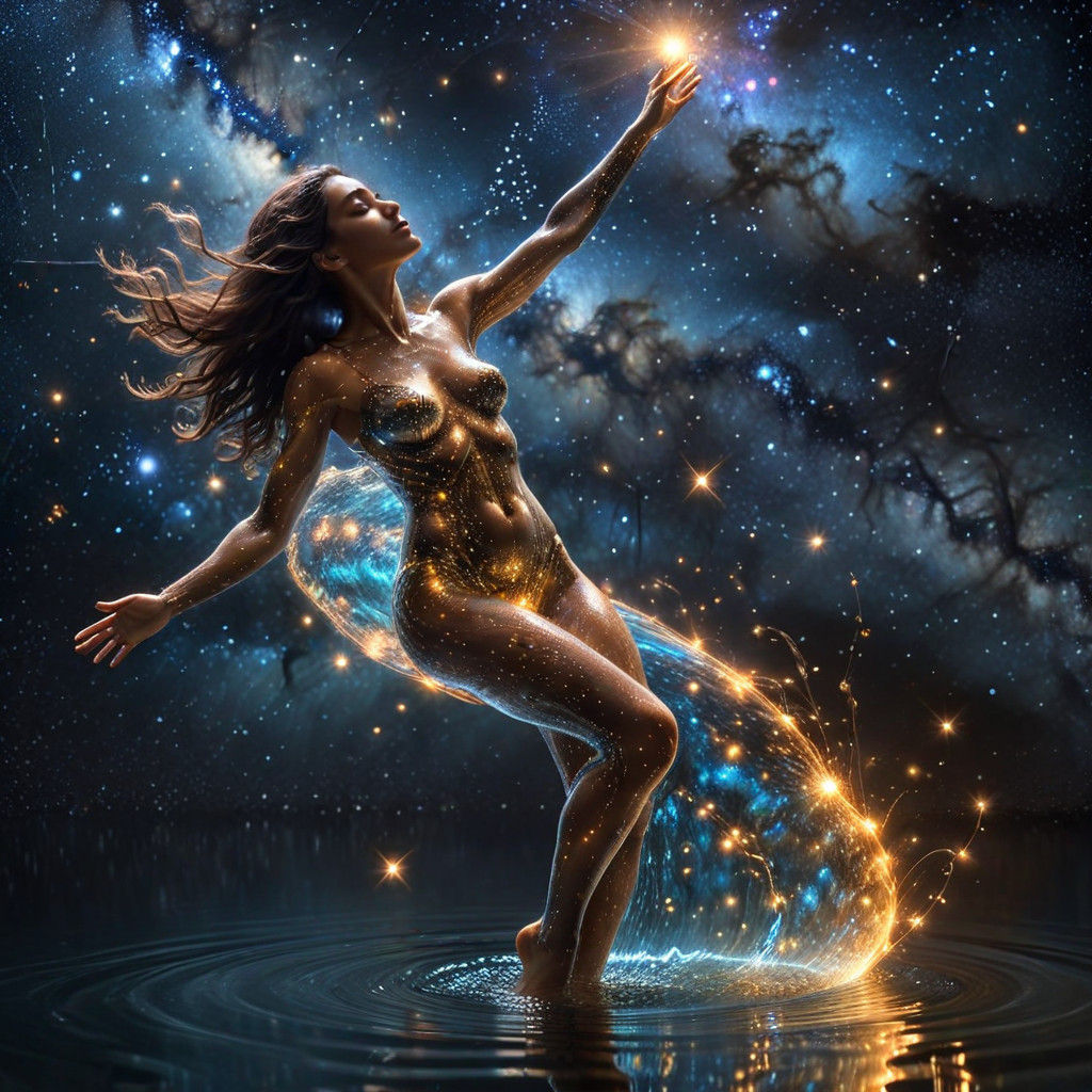 Delicate Figure in a Glassy Droplet of Water Amidst Starry U...