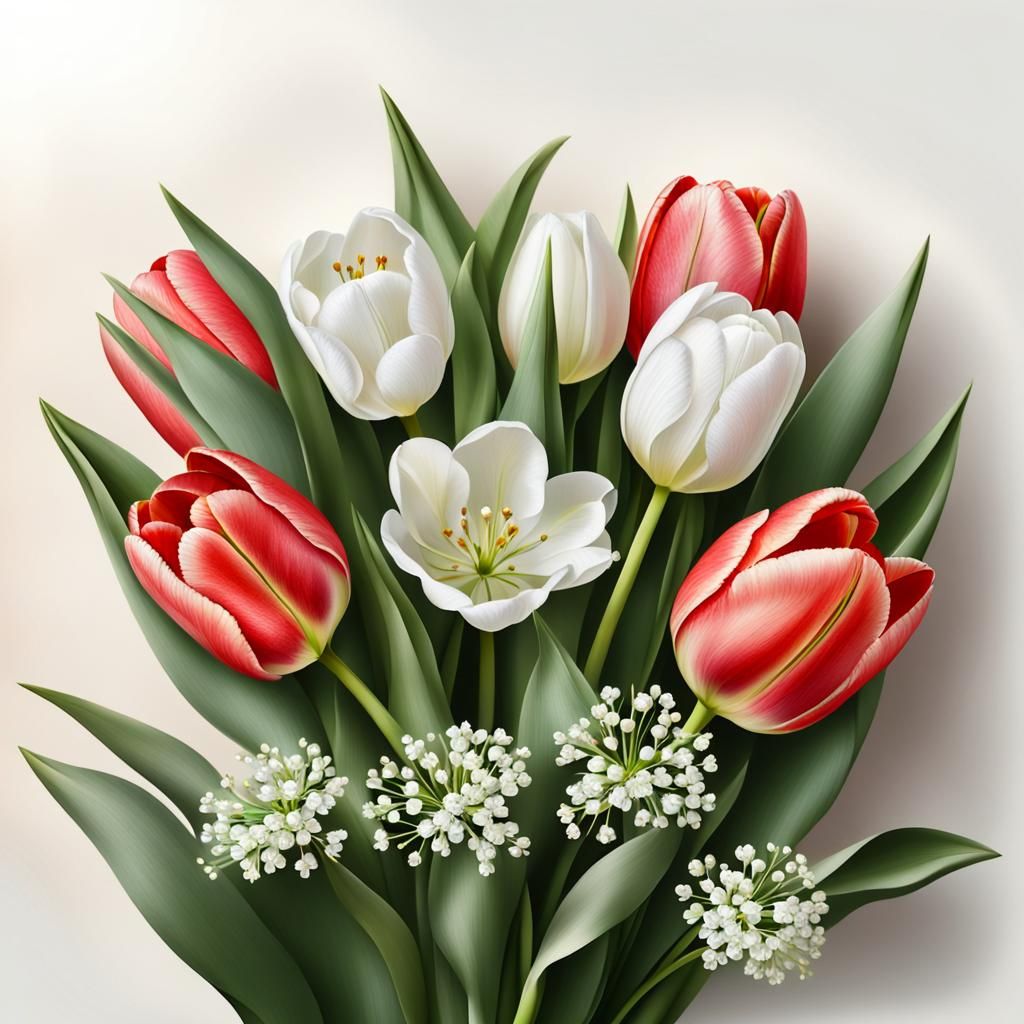 Hyperrealistic Bouquet of Tulips and White Flowers