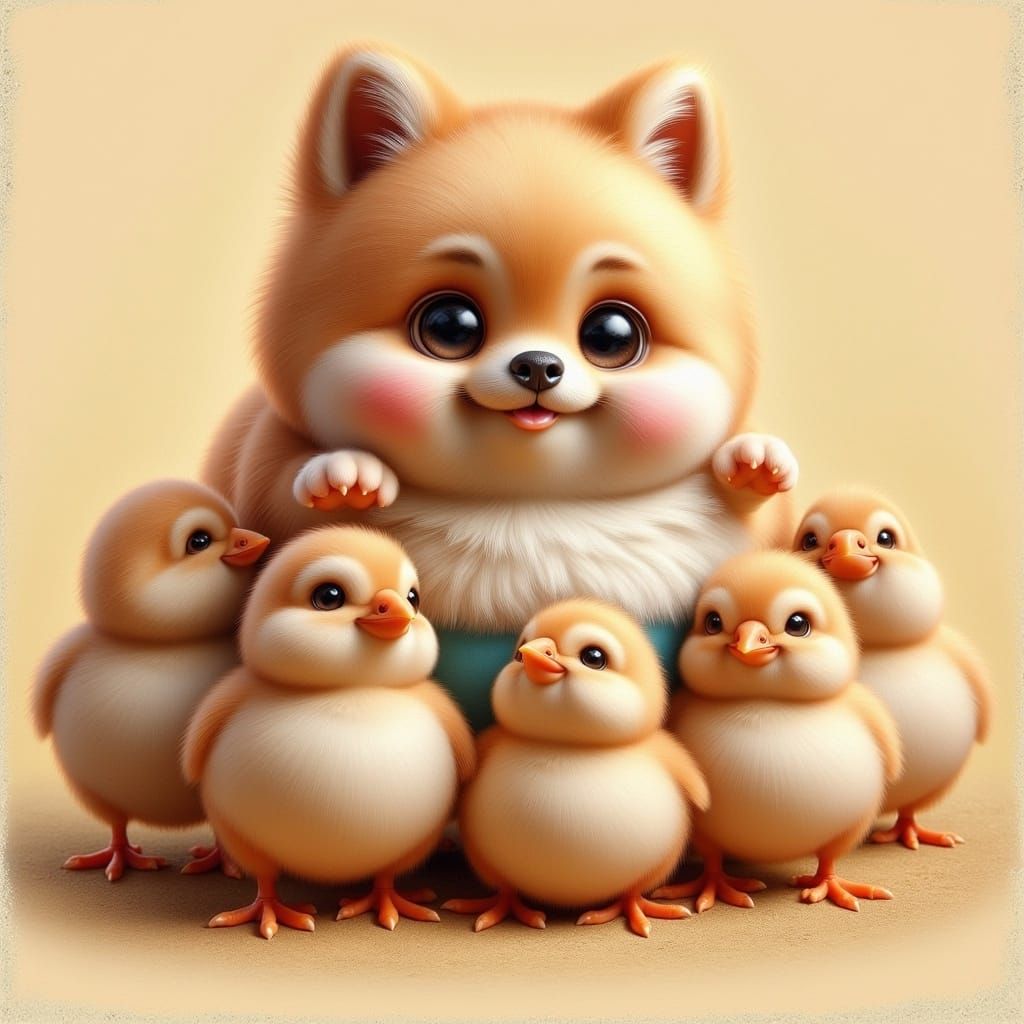 Ginger Pomeranian Puppy with Chicks, Impressionist Style