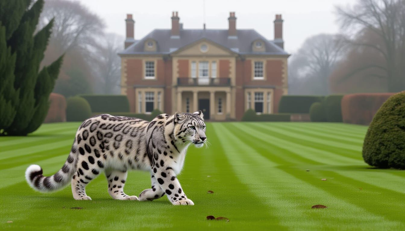 Snow Leopard on Misty Autumn Morning at Country Mansion