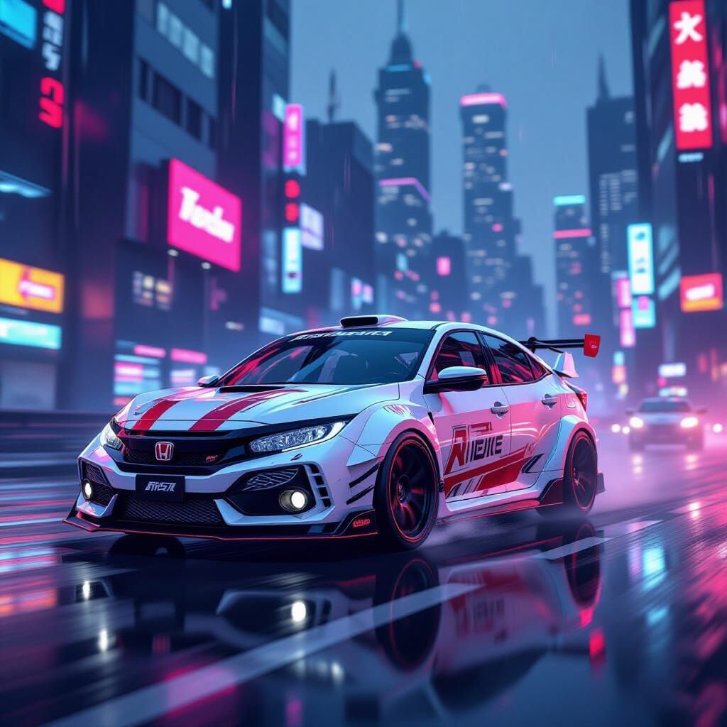 Cyberpunk Honda Civic Races Through Neon Cityscape