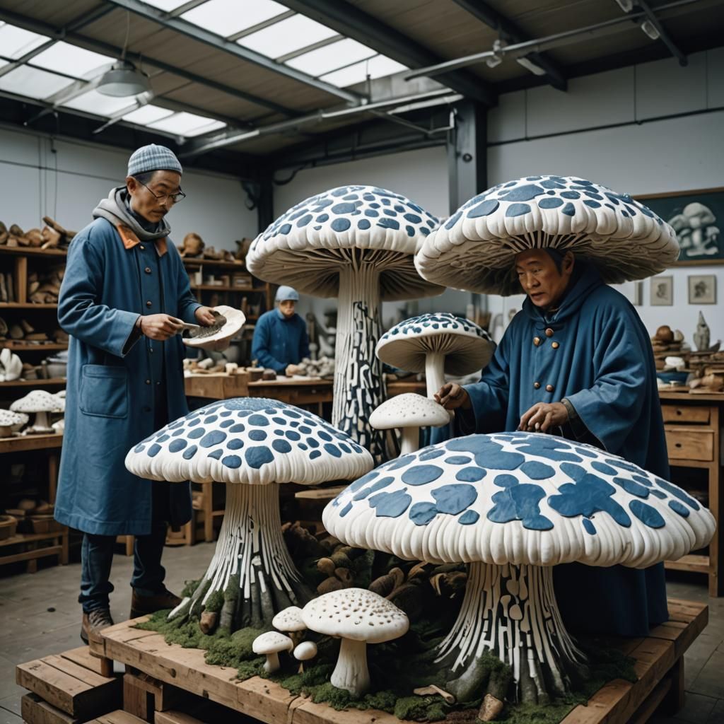 Porcelain Workers Tending Giant Mushrooms: Linocut Print