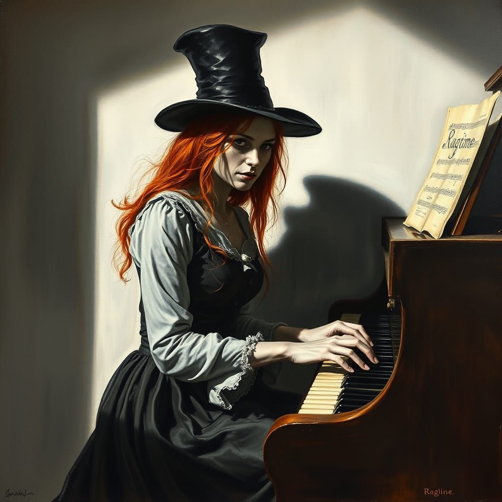 Redhead Undertaker Woman Plays Ragtime Piano in Black and Wh...