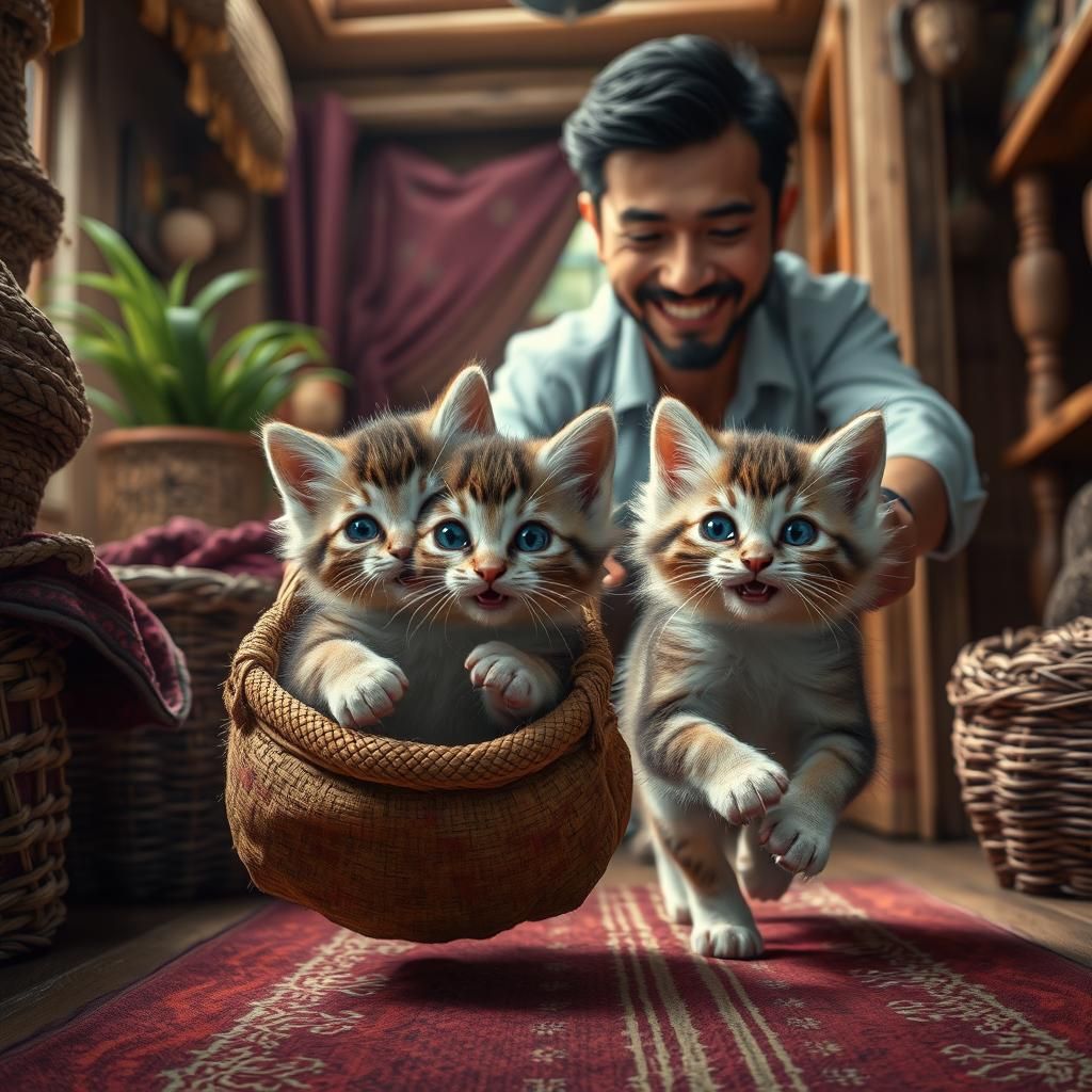 Playful Kittens Chase Man in Cozy Home, Matte Painting