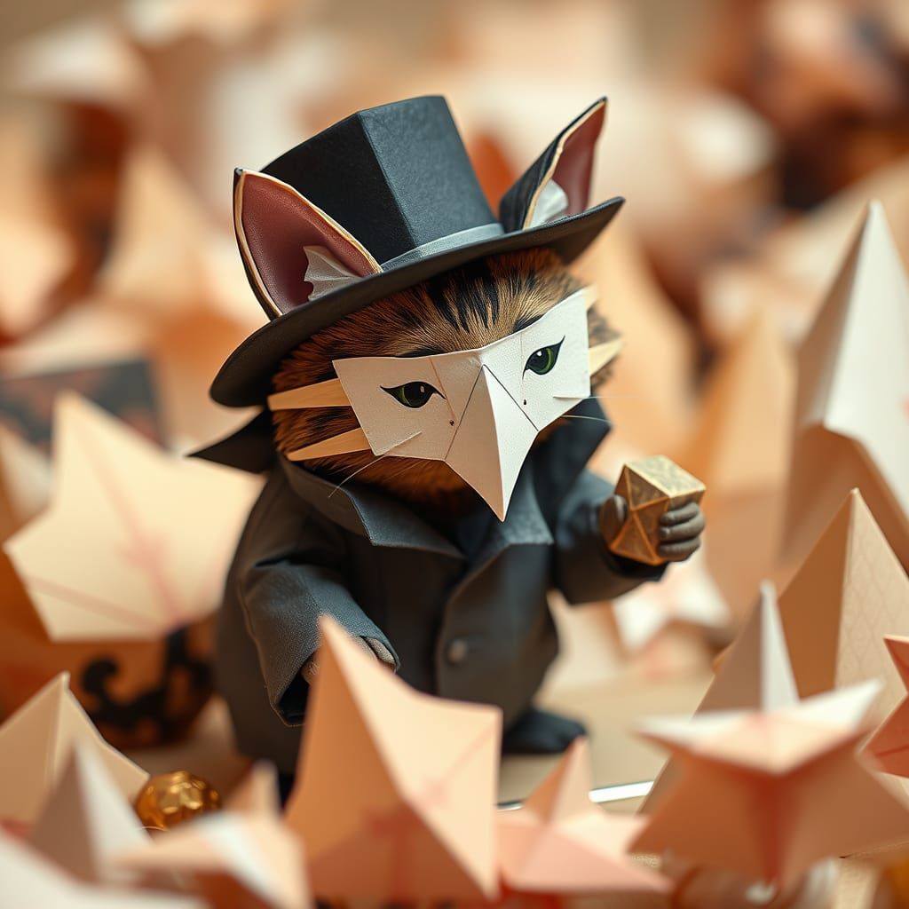Whimsical Cat Thief in Origami Wonderland
