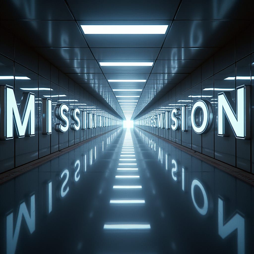Endless Hallway Reflecting "Mission" in Futuristic Style