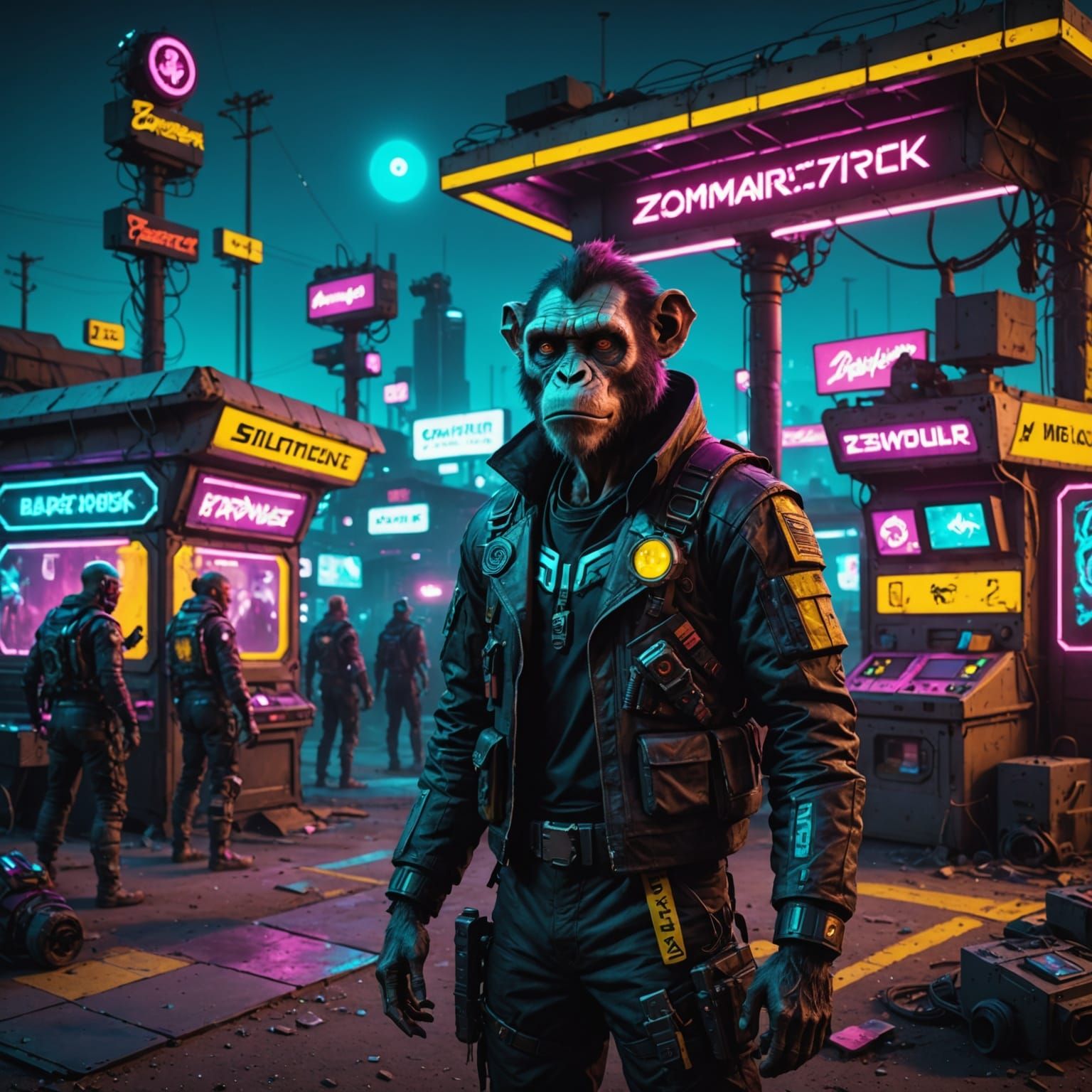Cyberpunk Solarpunk Zombie Monkey Monster Clown in Neon-Lit ...