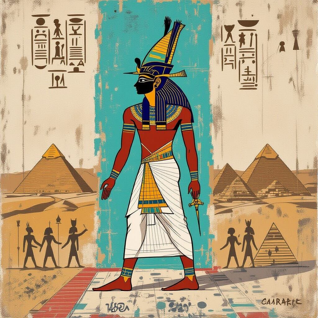 Egyptian God Steps from Expressionist Painting with Hierogly...