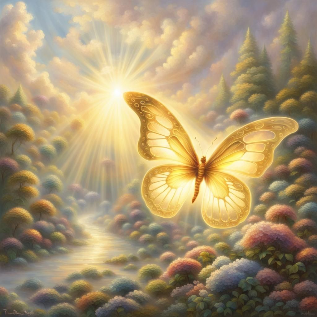 golden butterfly beautiful ethereal fantasy hyperdetailed mist Thomas Kinkade heavenly sunshine beams divine bright soft...
