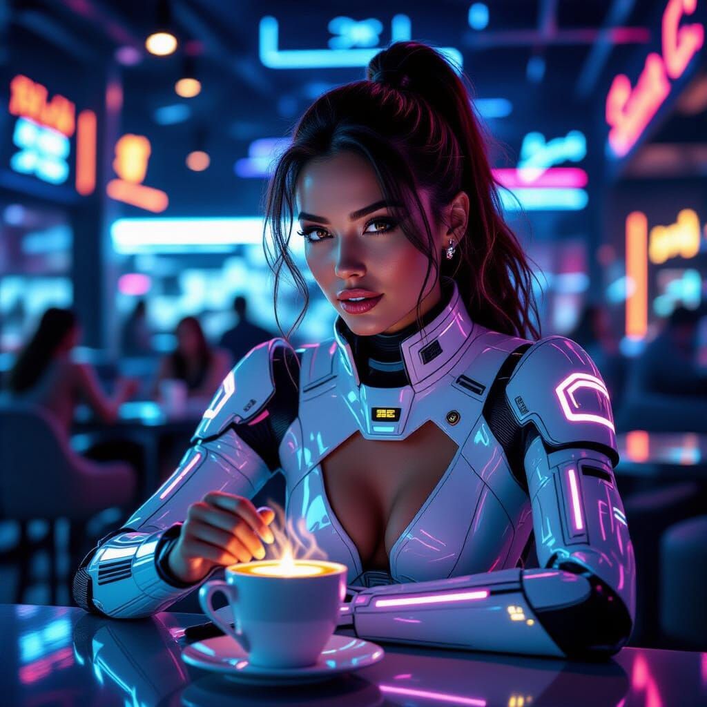 Futuristic Cafe Scene: Woman Brewing Coffee in High-Tech Out...