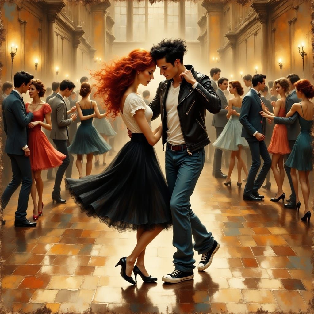 Rock and Roll Dance on Vintage Disco Floor in Collage Style