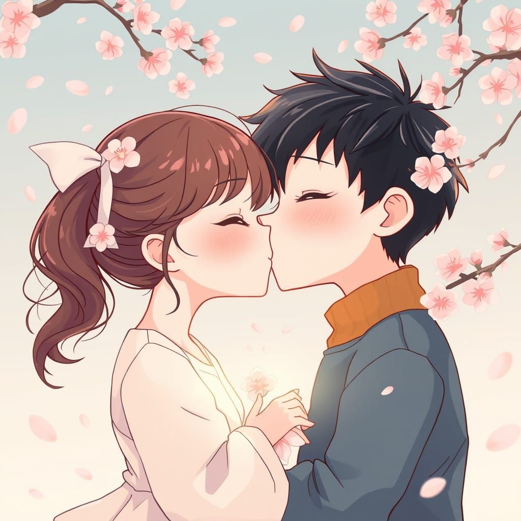 Tender Anime-Style Kiss in Whimsical Cherry Blossom Wonderla...