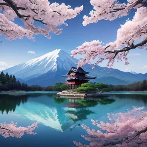 Sakura Tree by Lake with Temples, Astral Illustration