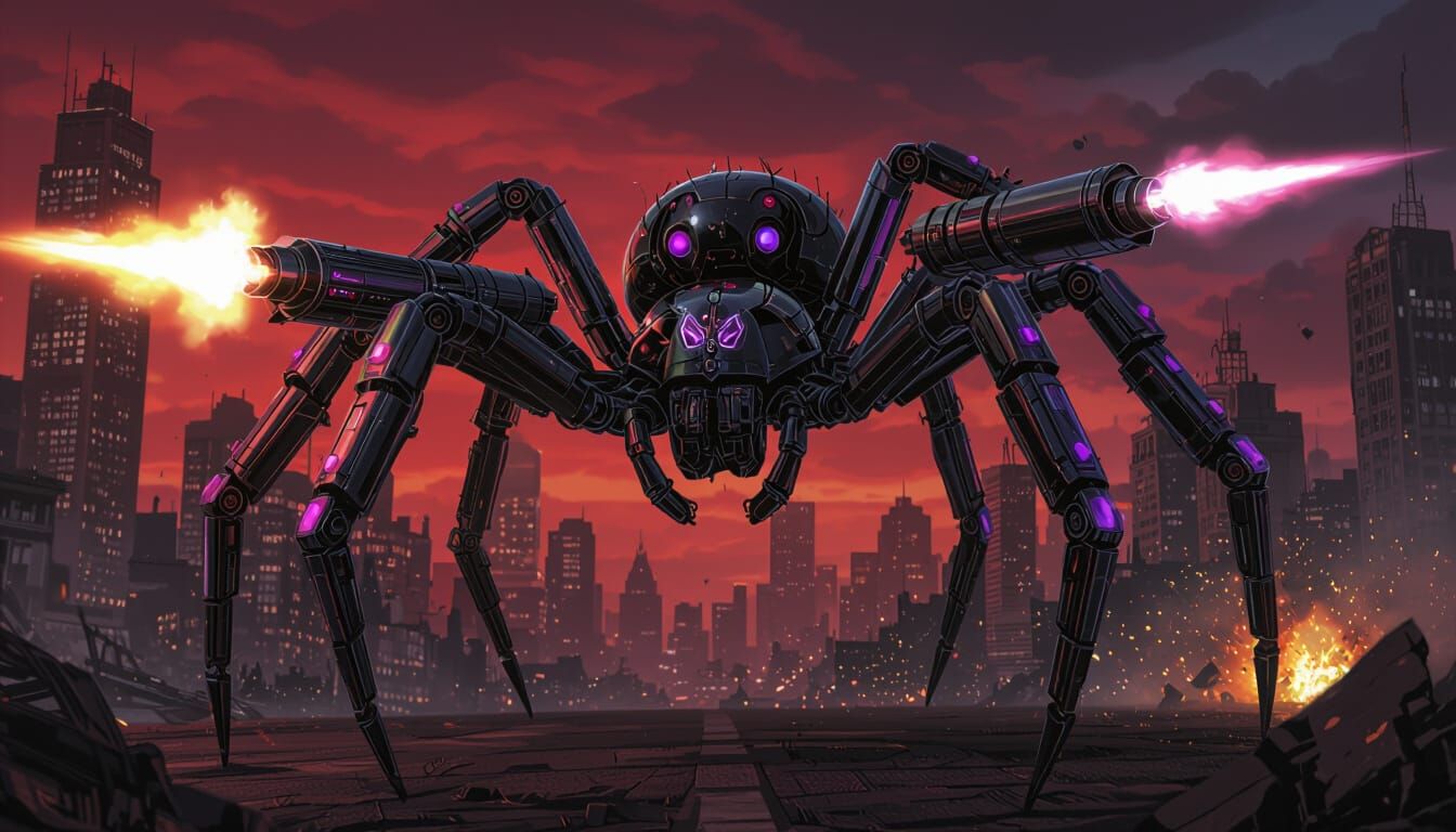 Cyberpunk Victorian Mecha Spider in Urban Battle