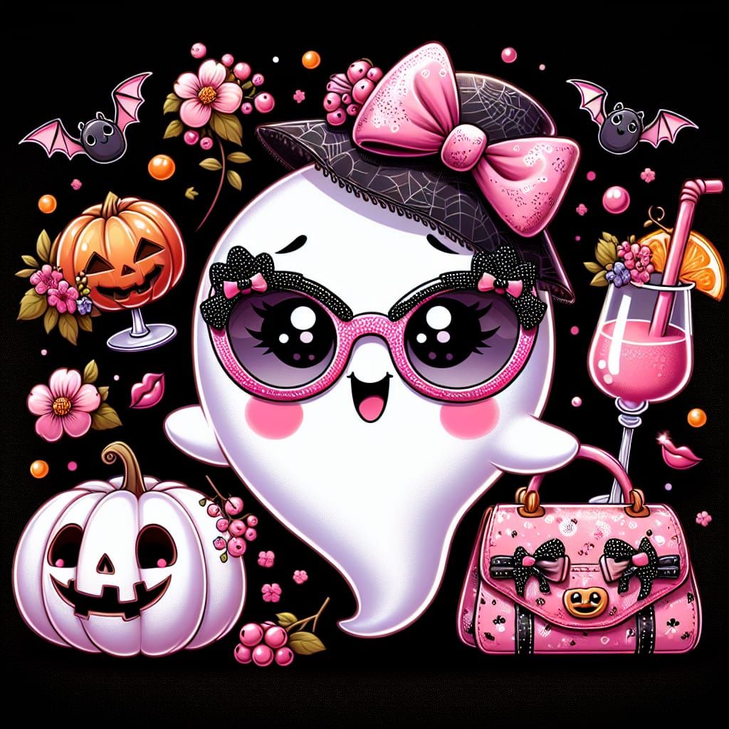 A cartoon-style digital illustration of a cute ghost with pi...
