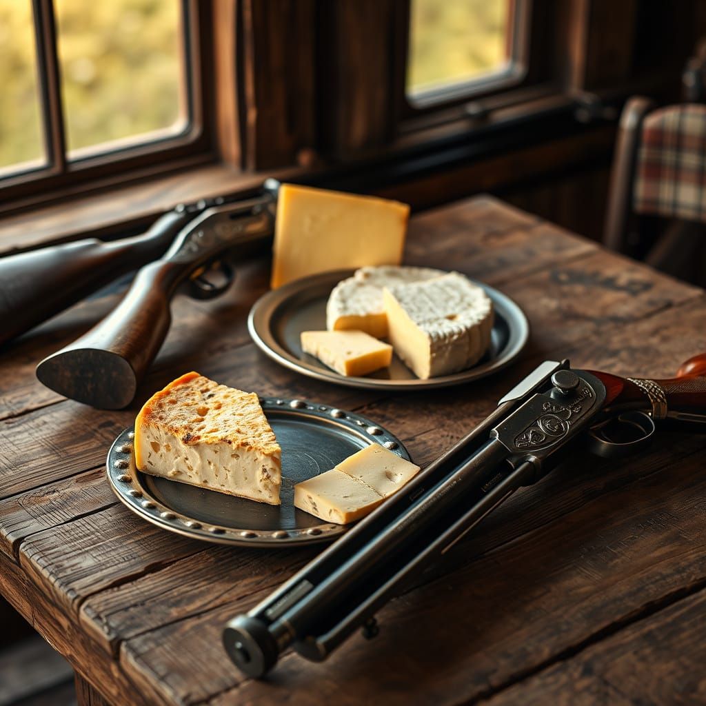 Rustic Table Setting with Artisanal Cheeses and Antique Guns