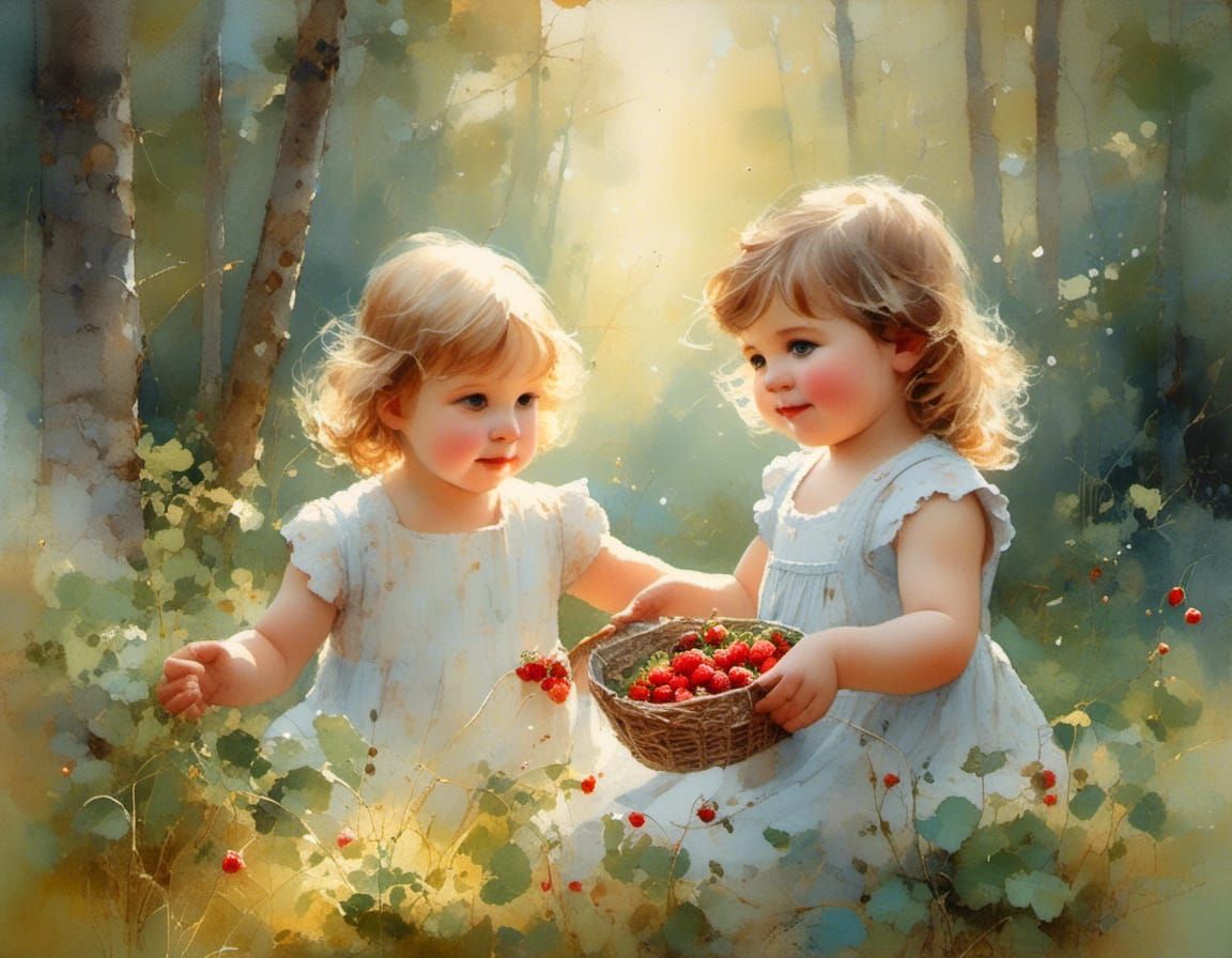 Whimsical Vintage Children in Sunlit Forest Clearing