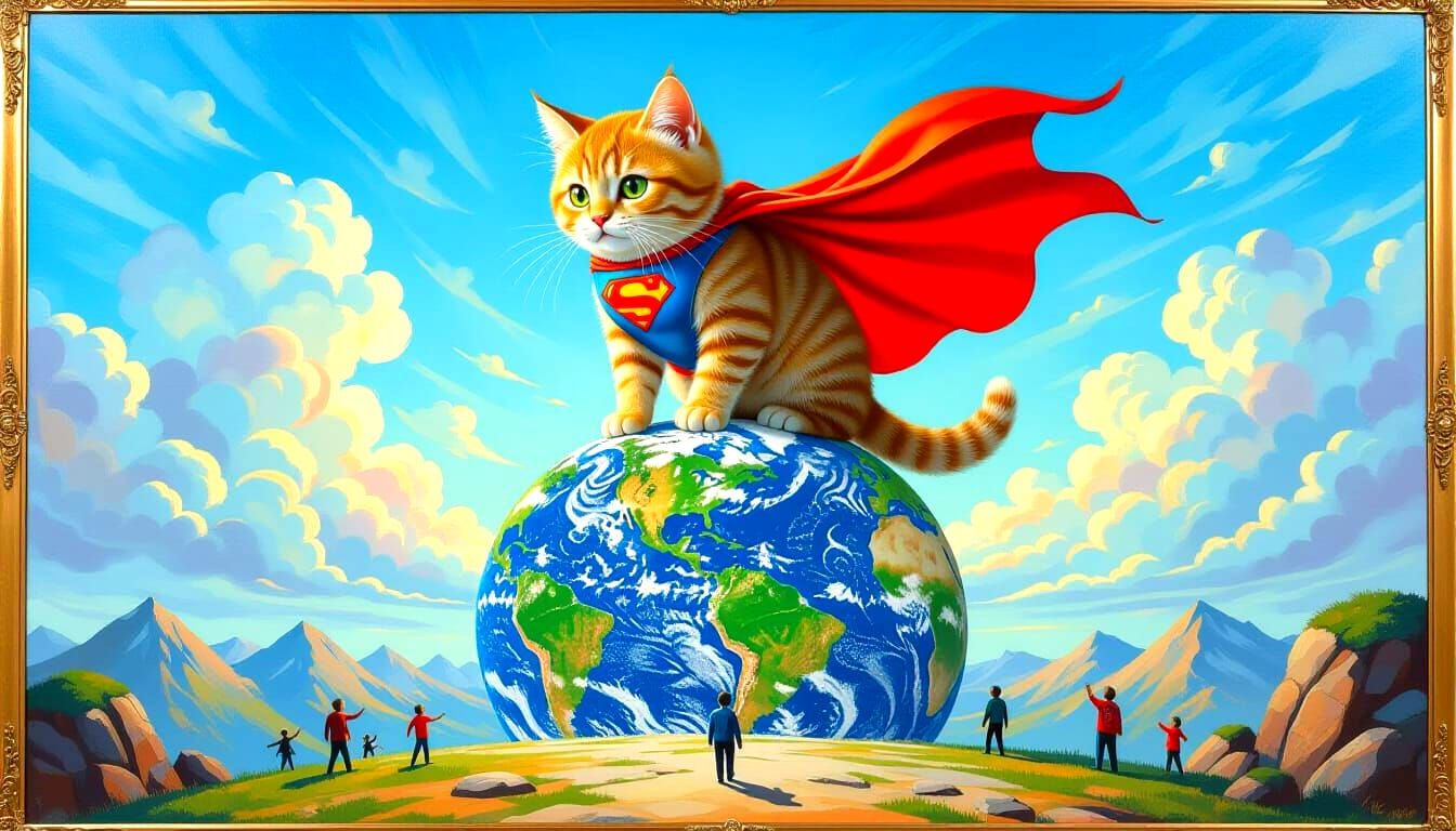 Giant Superhero Cat Dominates Earth: 3D Oil Painting