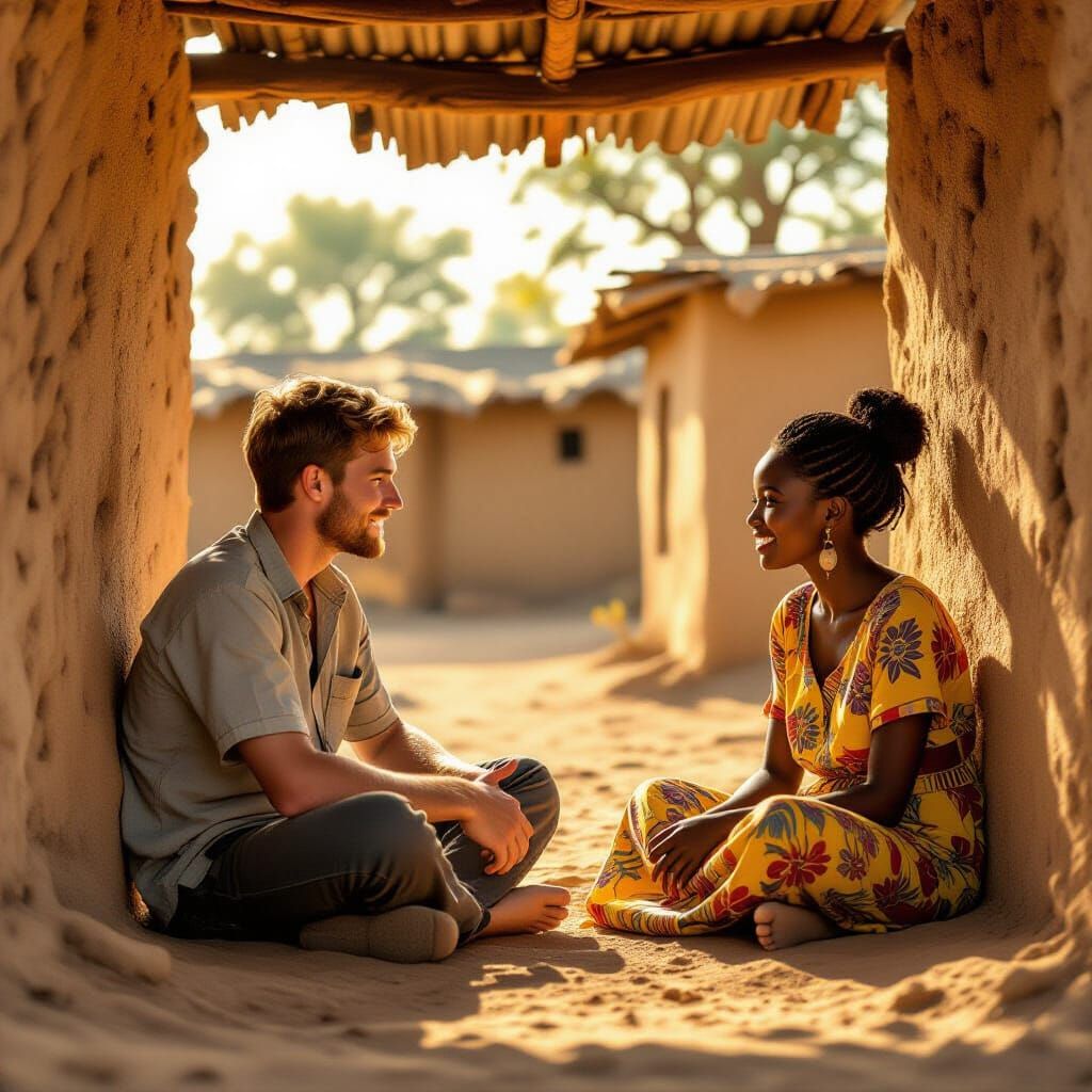 Man and Woman Connect in Sunlit African Village Shelter