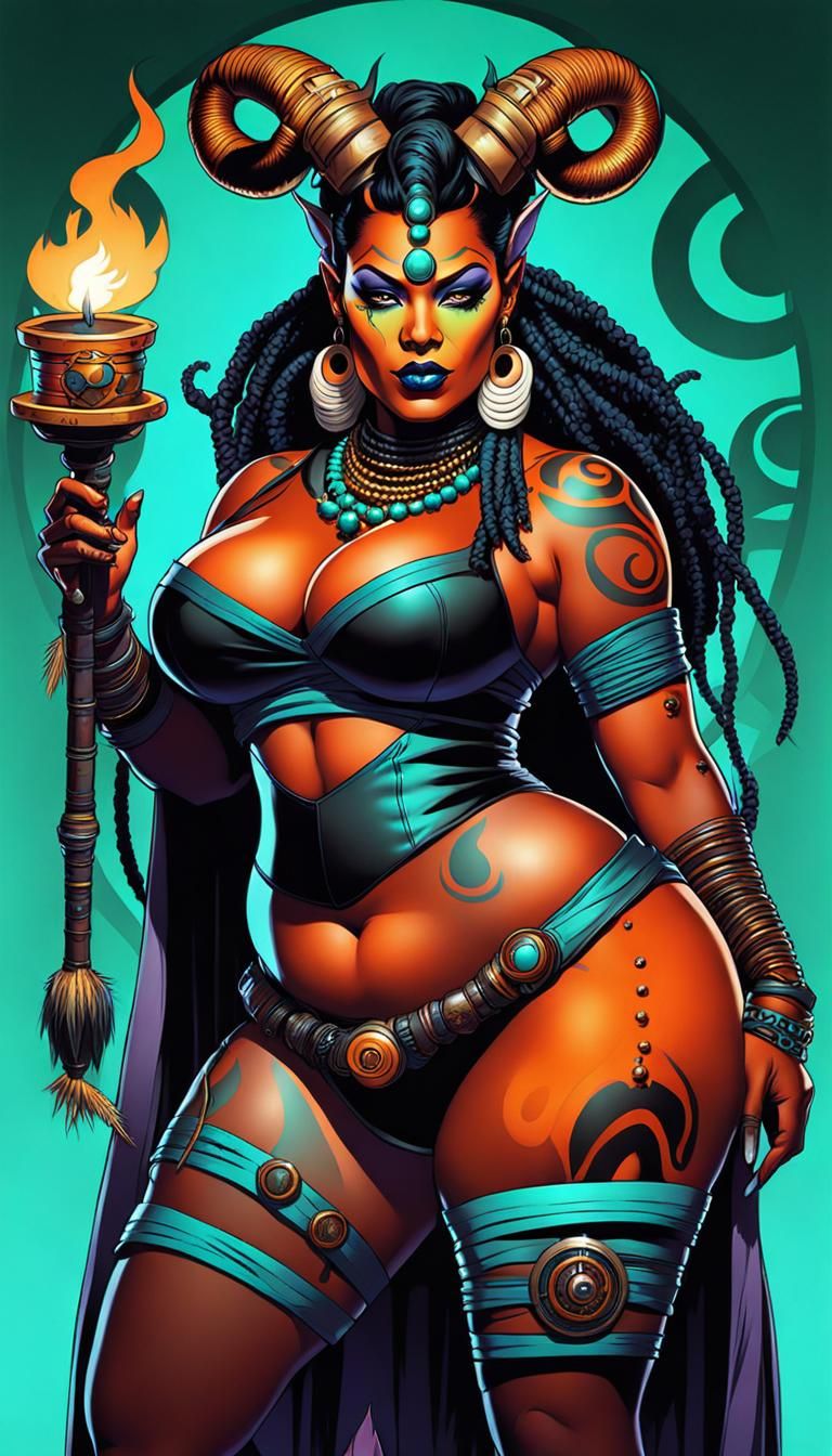 Tiefling Witch Doctor in Dystopian Pop Art Style