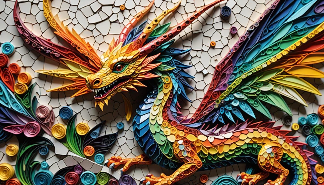 Rainbow Dragon Reflection in Vibrant Mosaic Style