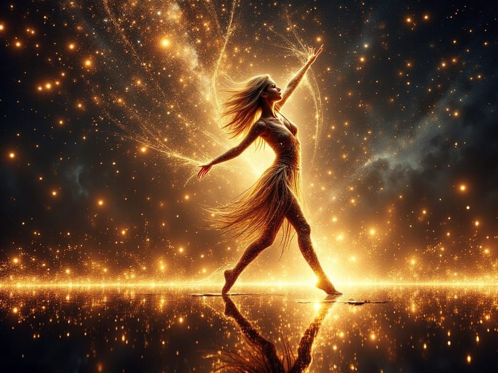 Dancer in Meteor Storm with Glitter Rain