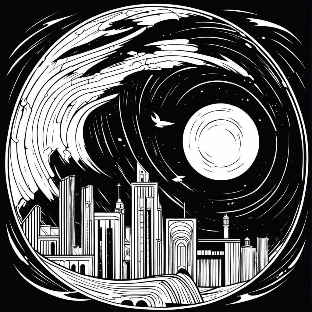 Lightning Storm Over Desert City: Black Ink Illustration