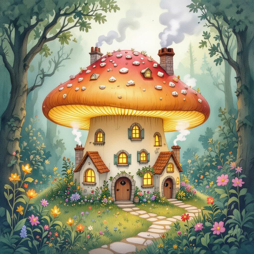 Glowing Mushroom Village: A Watercolor Fantasy