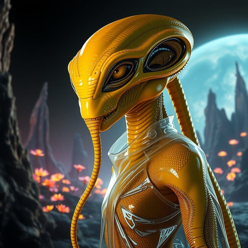 Hyperrealistic Alien Portrait in Futuristic Attire