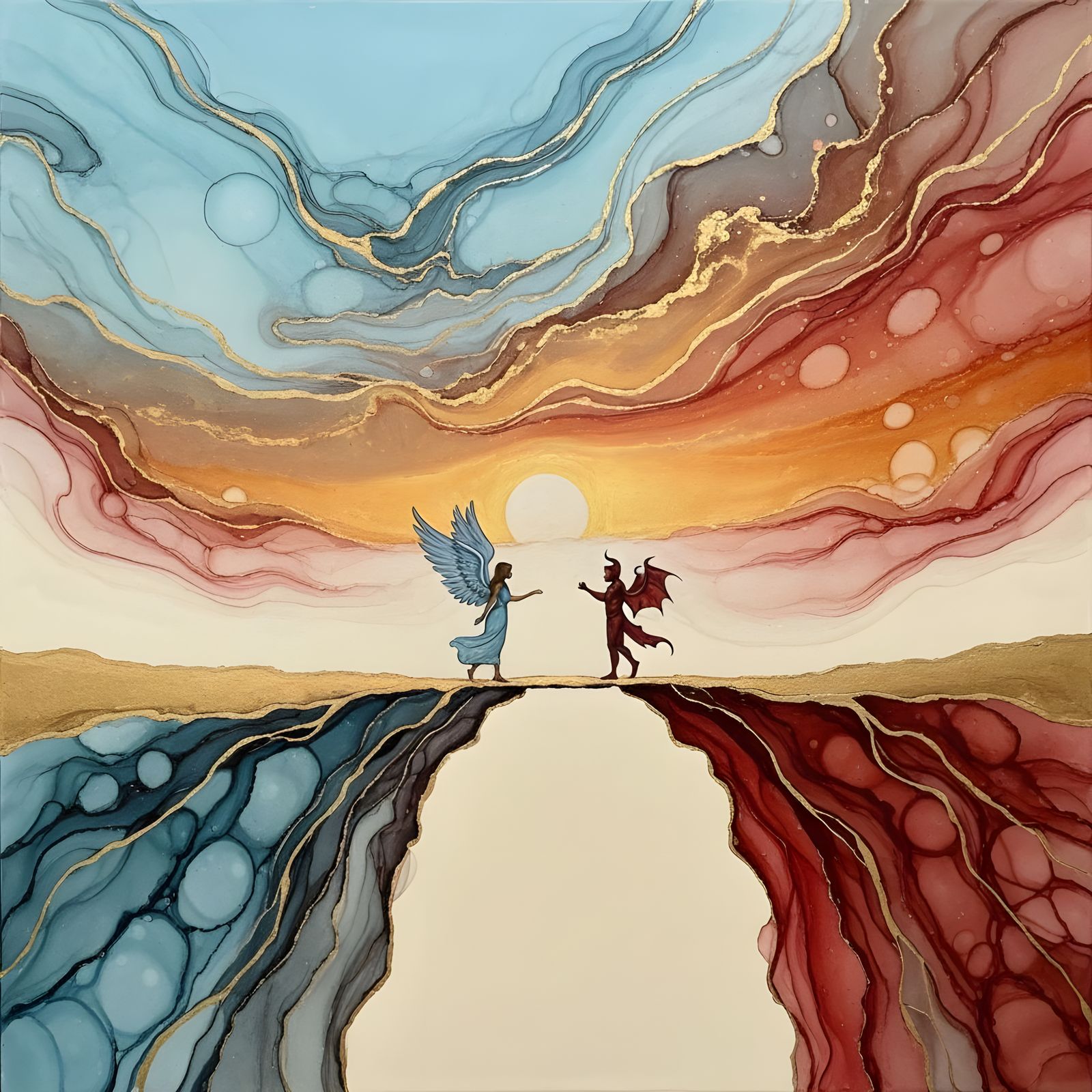 Angel and Devil Meet on Bridge in Sunset